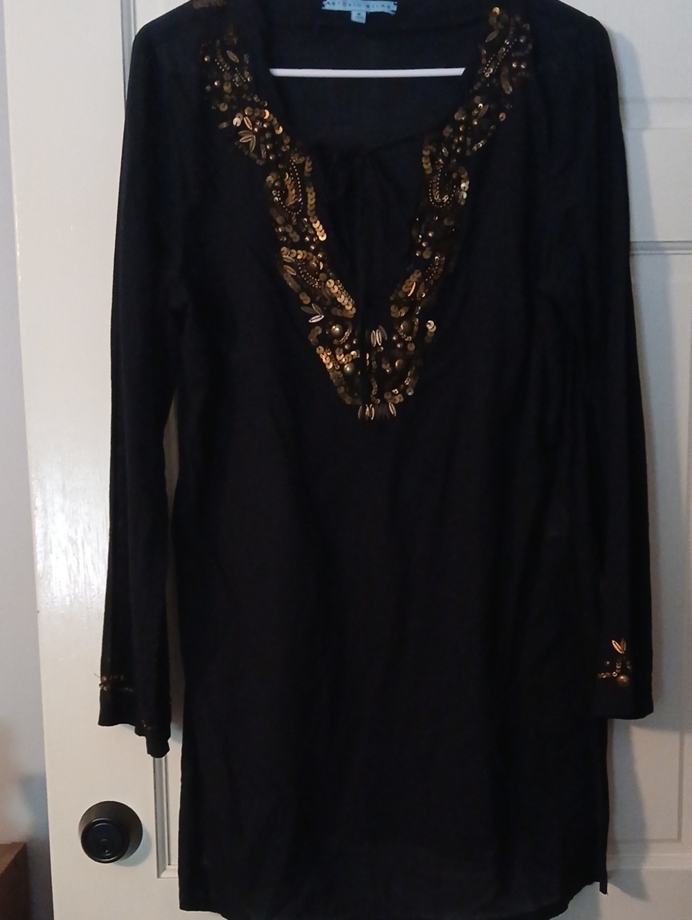 Antonio Melan Black Long Sleeve Tunic Dress with Gold Sequin Embellishment